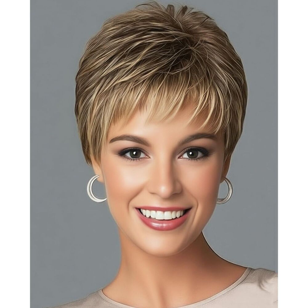 Short Dark Brown Mixed Blonde Pixie Cut Wig Synthetic Layered with Bangs
